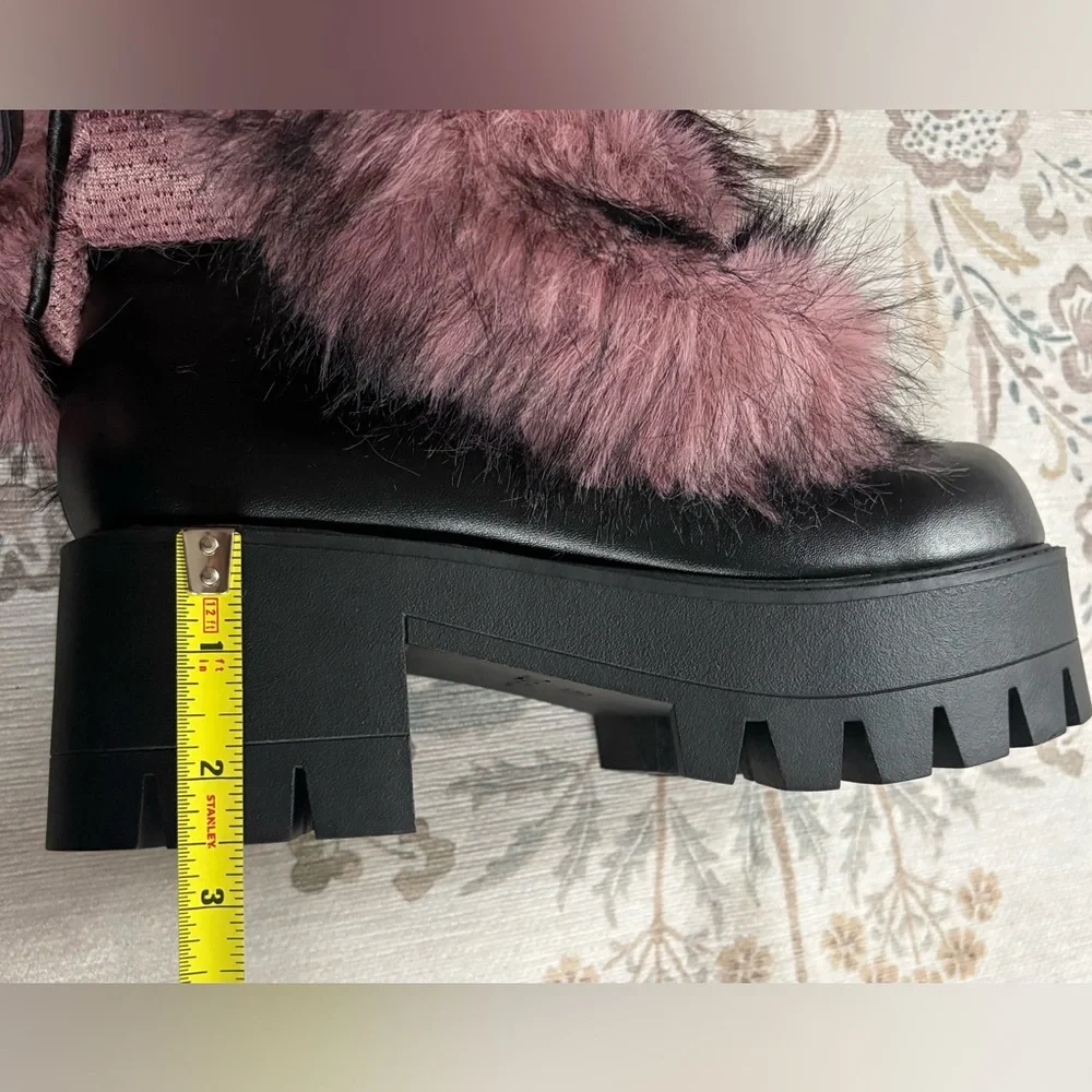 Dolls Kill Pink Faux Fur Platform Boots with Black Strap Details